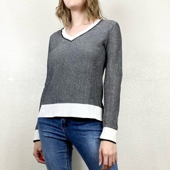 Rag & Bone Ainsley Grey & White Colorblock V-Neck Knit Pullover Sweater Size S/P - Picture 1 of 9
